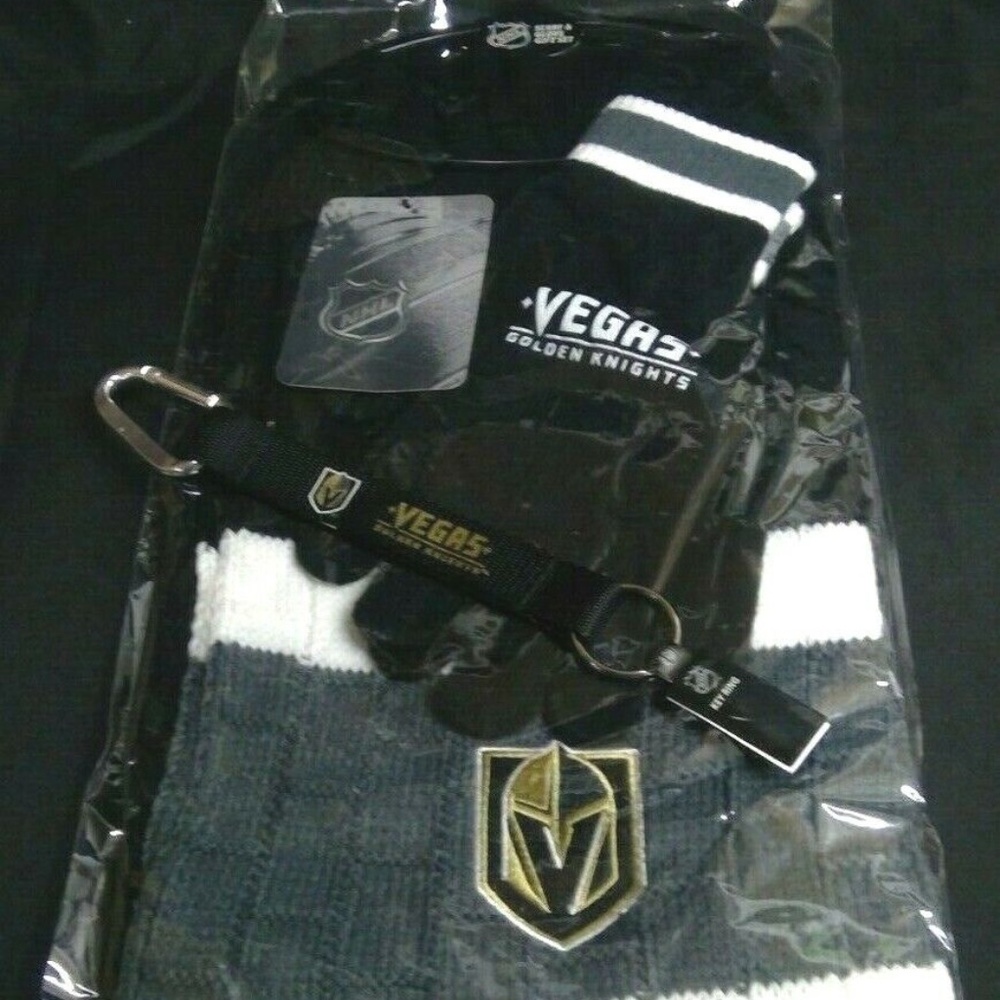 NHL Vegas Golden Knights Scarf & Glove Gift Set VGK + Carabiner Key Chain New